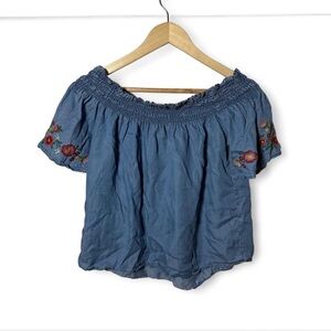 Mine Blue Chambray Off Shoulder Peasant Top S Floral Embroidered Boho Blouse